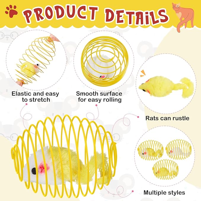 Jecery 5 Pcs Cat Spring Balls Stretchable Springs Toys Rolling Balls Colorful Playful Coils Interactive Spring Action Toy Caged Rats for Kitten Cat Pet Supplies Indoor (Yellow Mouse,Yellow)