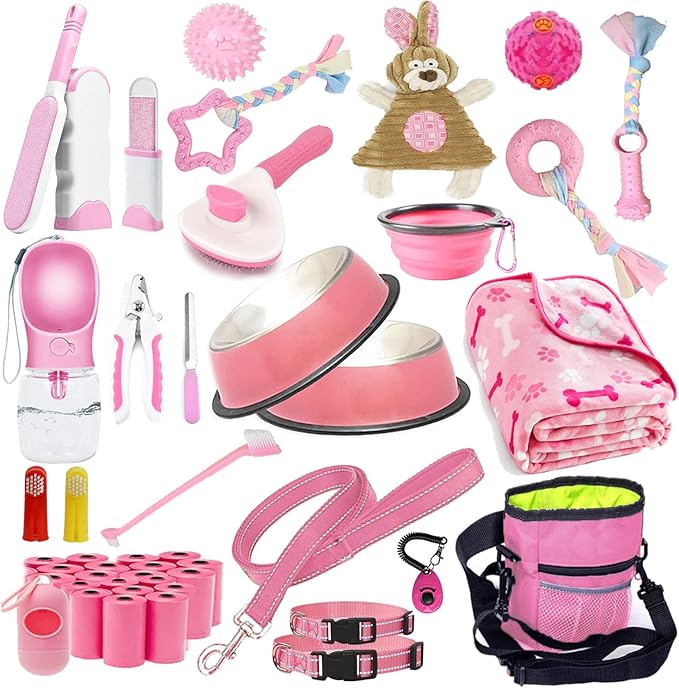 Puppy Supplies Starter Kit - 39-Piece Set of Puppy Essentials and Dog Stuff.Includes Dog Leash, Toys, Bowl, Brushes,and More.Perfect Welcome Home Present for Your New Puppies-Pink