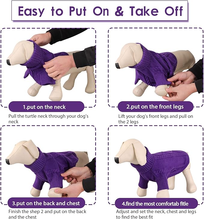 Queenmore Small Dog Pullover Sweater, Cold Weather Cable Knitwear, Classic Turtleneck Thick Warm Clothes for Chihuahua, Bulldog, Dachshund, Pug (Purple, Small)
