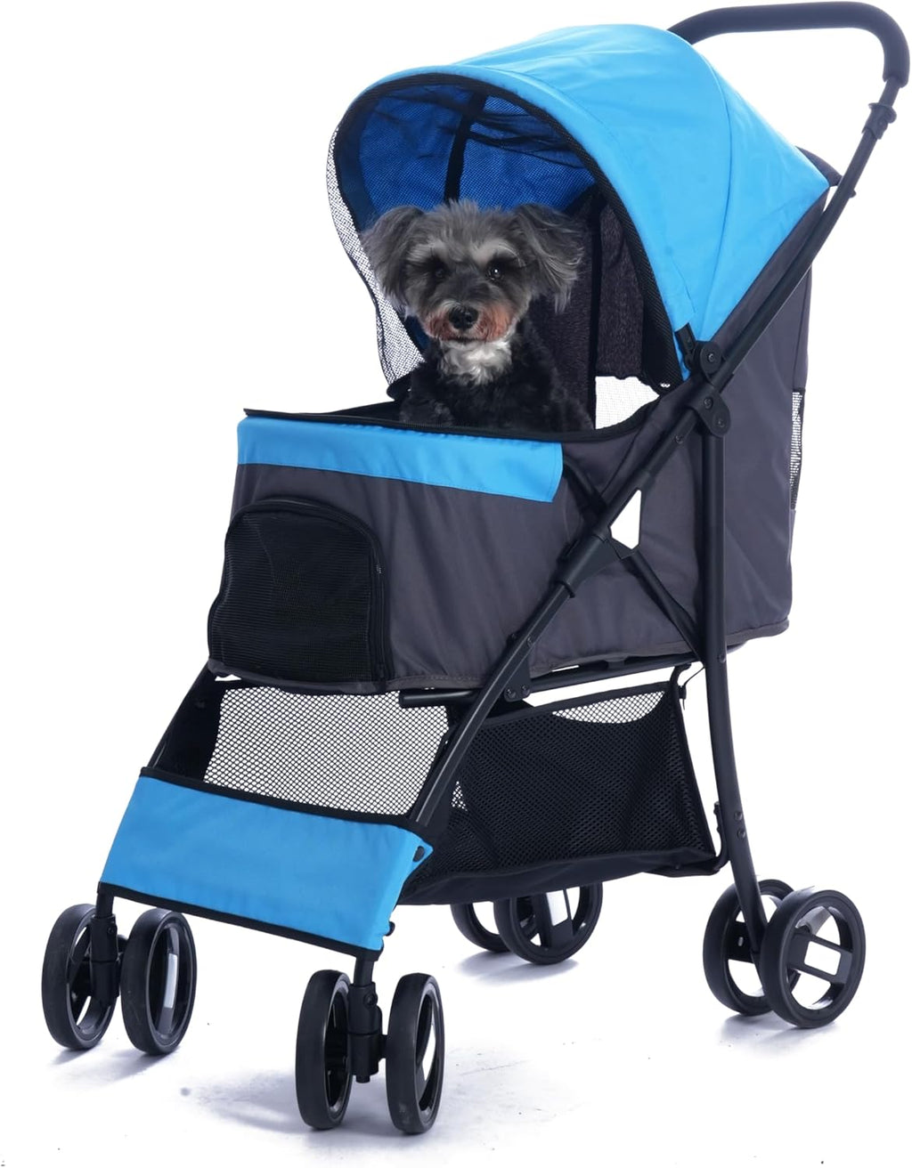 4 Wheels Pet Stroller,Easy-Foldable Dog Cat Cage Jogger Stroller with Weather Cover for All-Season,Storage Basket and Visible Mesh for Small/Medium Pets up to 33lbs (Blue)