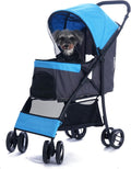 4 Wheels Pet Stroller,Easy-Foldable Dog Cat Cage Jogger Stroller with Weather Cover for All-Season,Storage Basket and Visible Mesh for Small/Medium Pets up to 33lbs (Blue)
