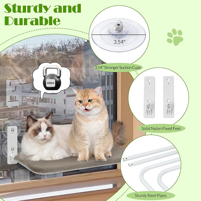 keny Cordless Foldable Cat Window Perch, Reversible Cover with Two Different Kinds of Fabrics, Brown