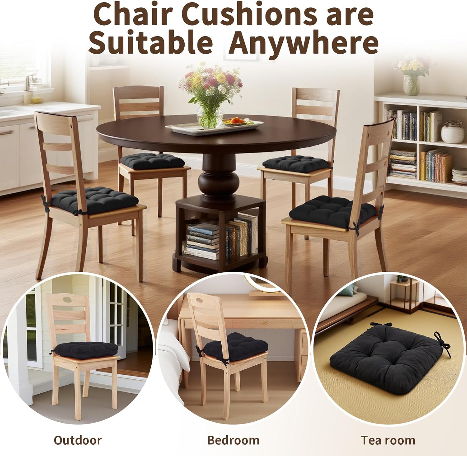 Chair Cushions for Dining Chairs, Tufted Foam Kitchen Chair, Non-Slip Seat Cushions with Ties Set of 4, 15.5" x 15.5" x 4", Black