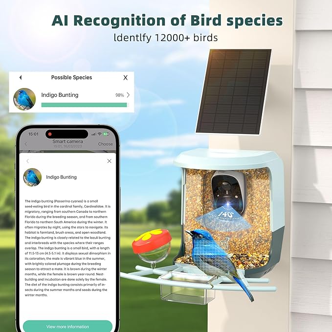 Smart Bird Feeder with Camera Solar Powered - 2K HD Live Video Camera AI Identify Birds, Visible Window Auto Capture& Motion Detection -Instant Arrival Alerts, Birds Lover Gifts
