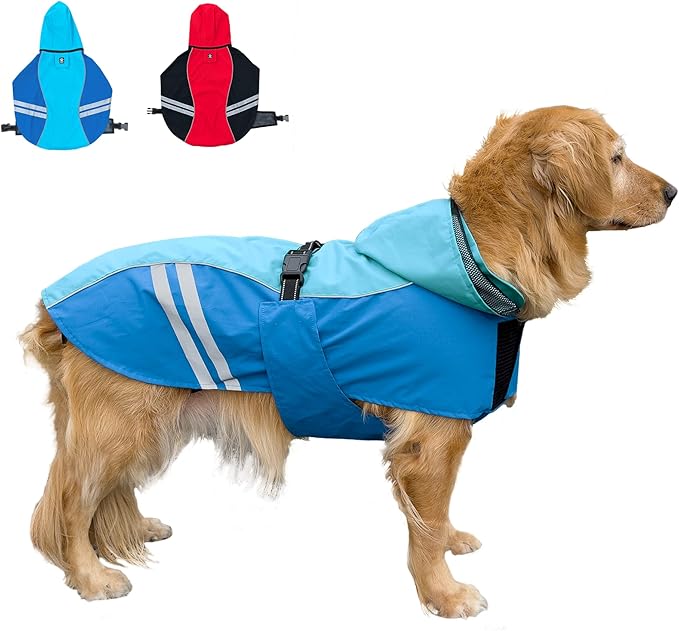 Dog Raincoat for Medium Large Extra Large Dogs, Waterproof Rain Jacket with Reflective Strap, Lightweight Hoodies Full-Body Coverage Dry Clothes (XL, Blue)