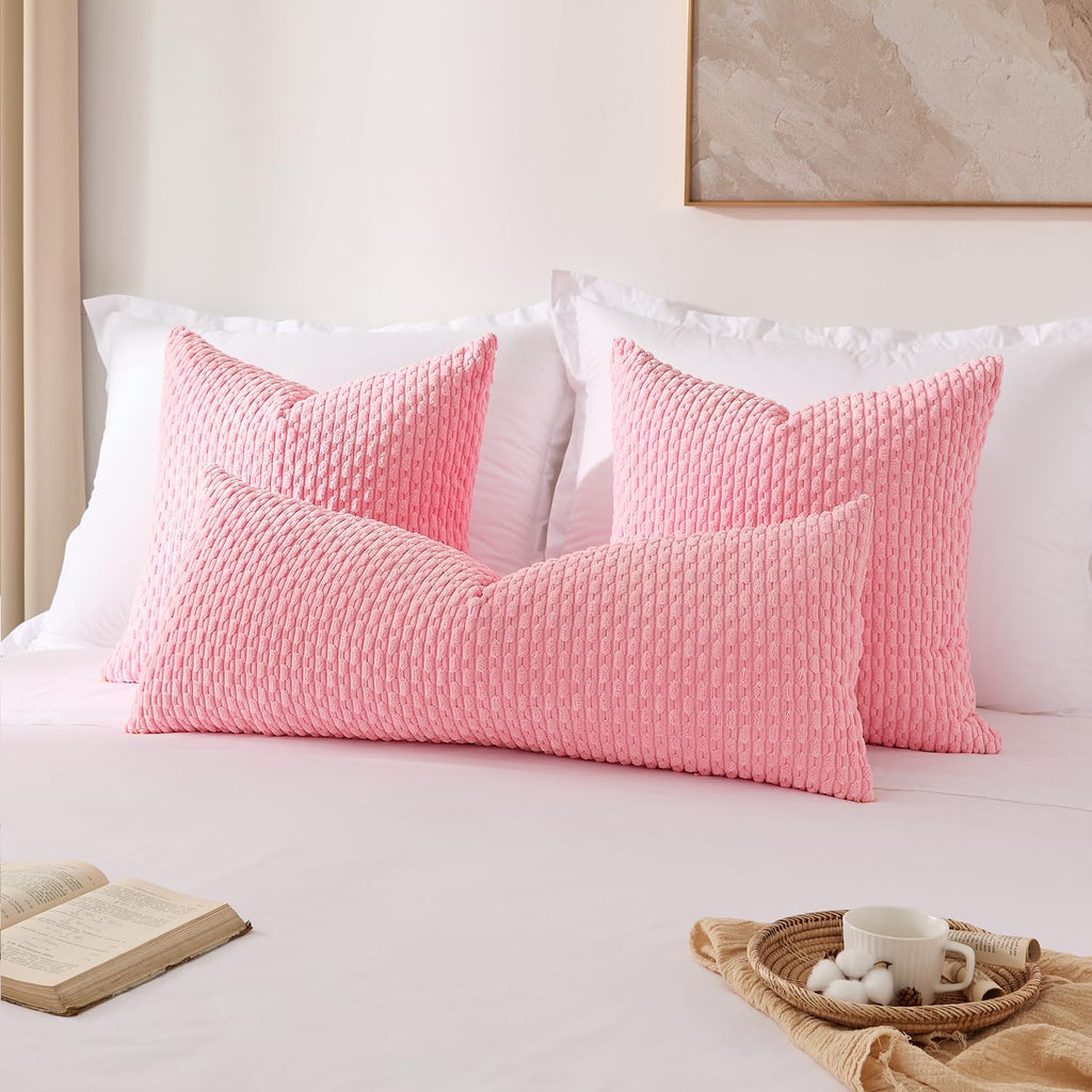 Kevin Textile 14x36 Inch Long Lumbar 1 Pack Boho Decorative Throw Pillow Cover Soft Striped Corduroy Rectangle Cushion Case Farmhouse Accent for Living Room Couch Sofa Bed, Pink