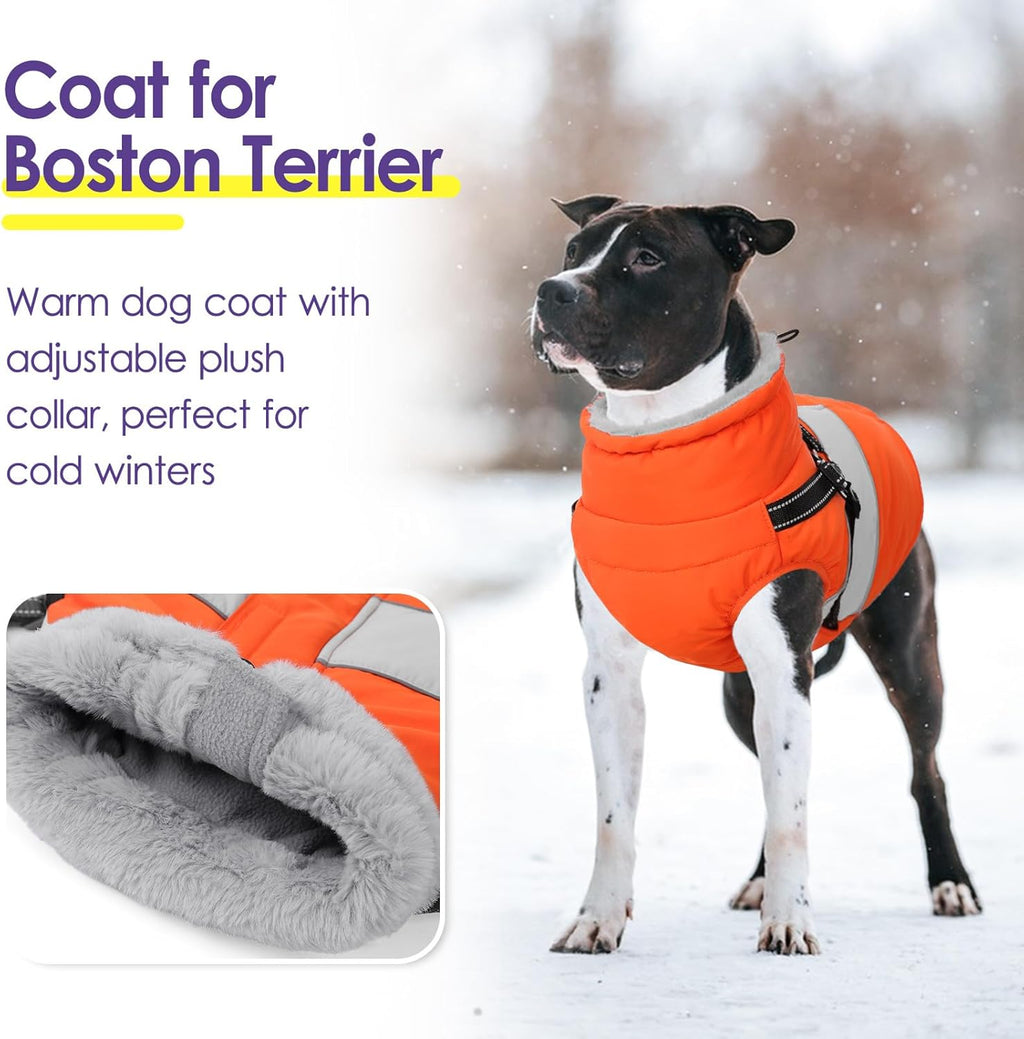 SUNFURA Small Dog Coat with Harness Built in, Warm Dog Jacket Winter with Zipper On Back, Waterproof Pet Snow Jacket Snowsuit Pet Sweater Clothes for Puppy, Orange XS