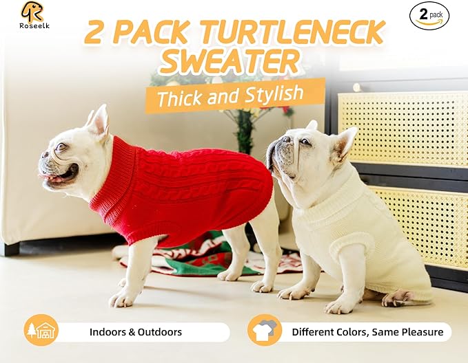 2 Pack Dog Sweaters for Small Dogs - Puppy Medium Warm Clothes in Winter, Turtleneck Pullover Design for Boy Girl Pet, Doggie, Cat, Kitten Chihuahua Bulldog Pug Beagles (M, Red, Beige)