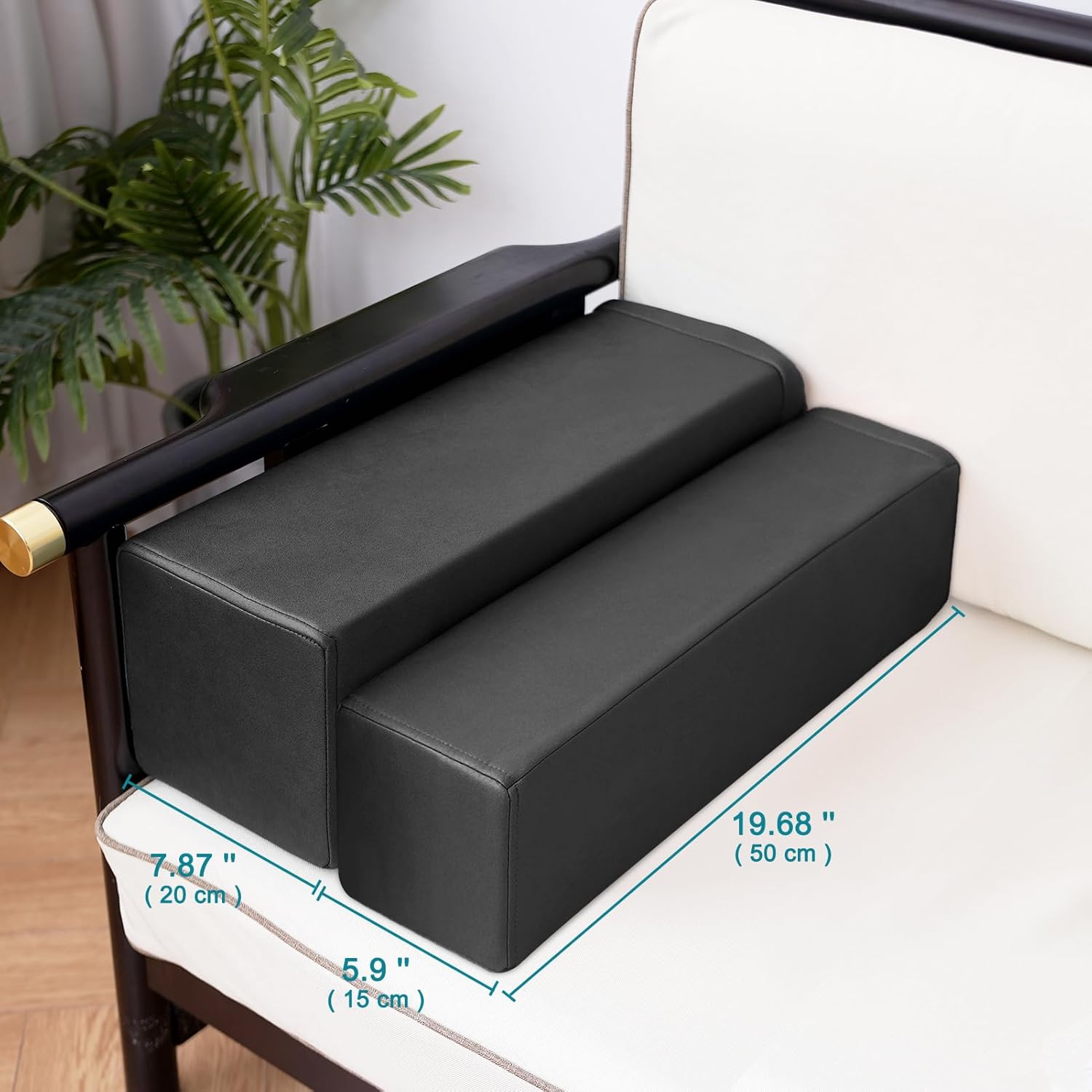 2 Pack Couch Arm Rest Pillow, 6''x6''x20'' Faux Leather Waterproof Cover, High Density Foam Armrest Cushion, Removable & Washable Elbow Support for Sofa, Bed, and Armchair (Black)