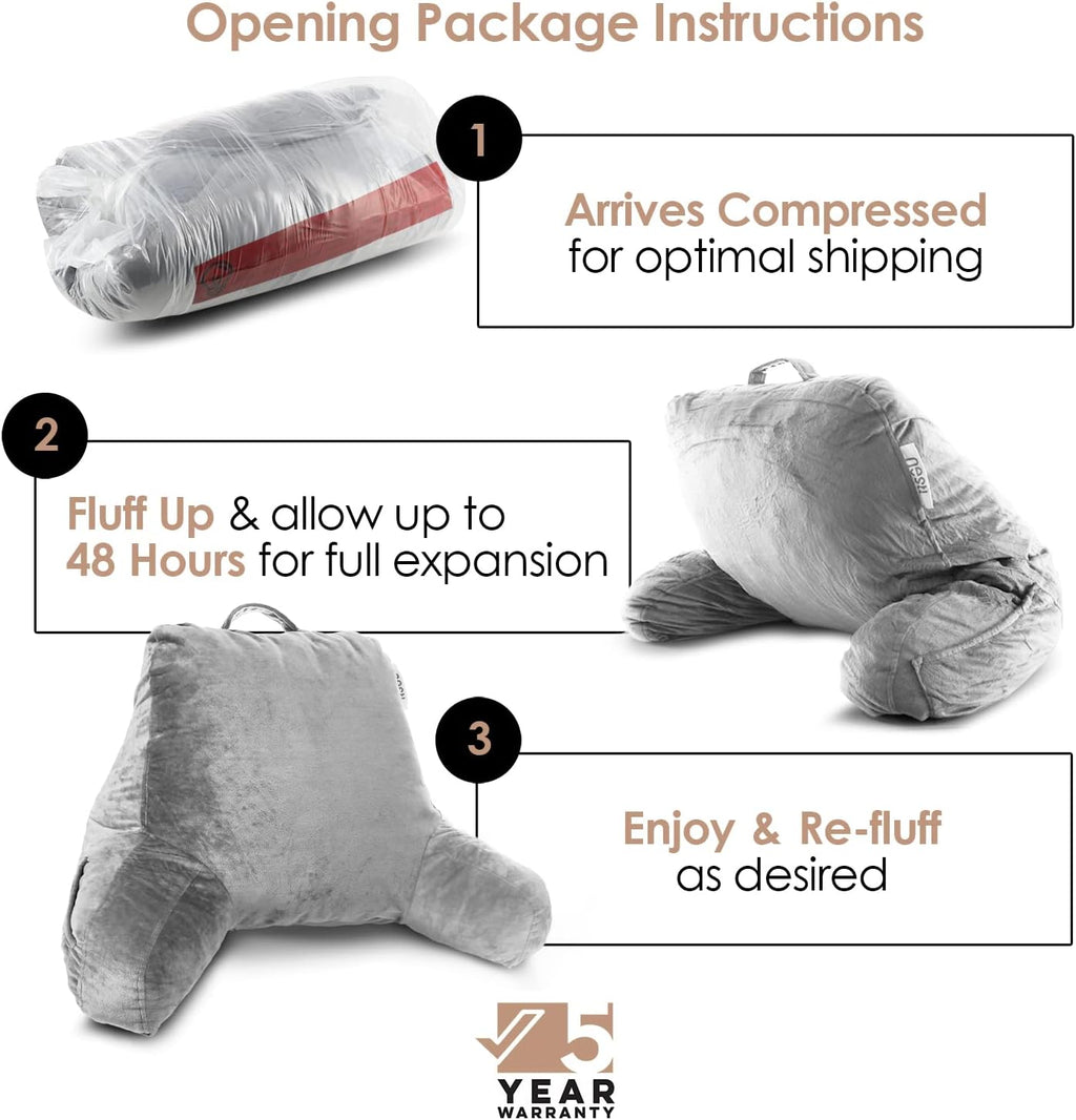 Nestl Reading Pillow with Shredded Memory Foam, Designed for Sitting Up in Bed and Couch, Back and Arms Adjustable Support for Adult & Teens Backrest Pillows for Reading with Washable Cover Light Grey