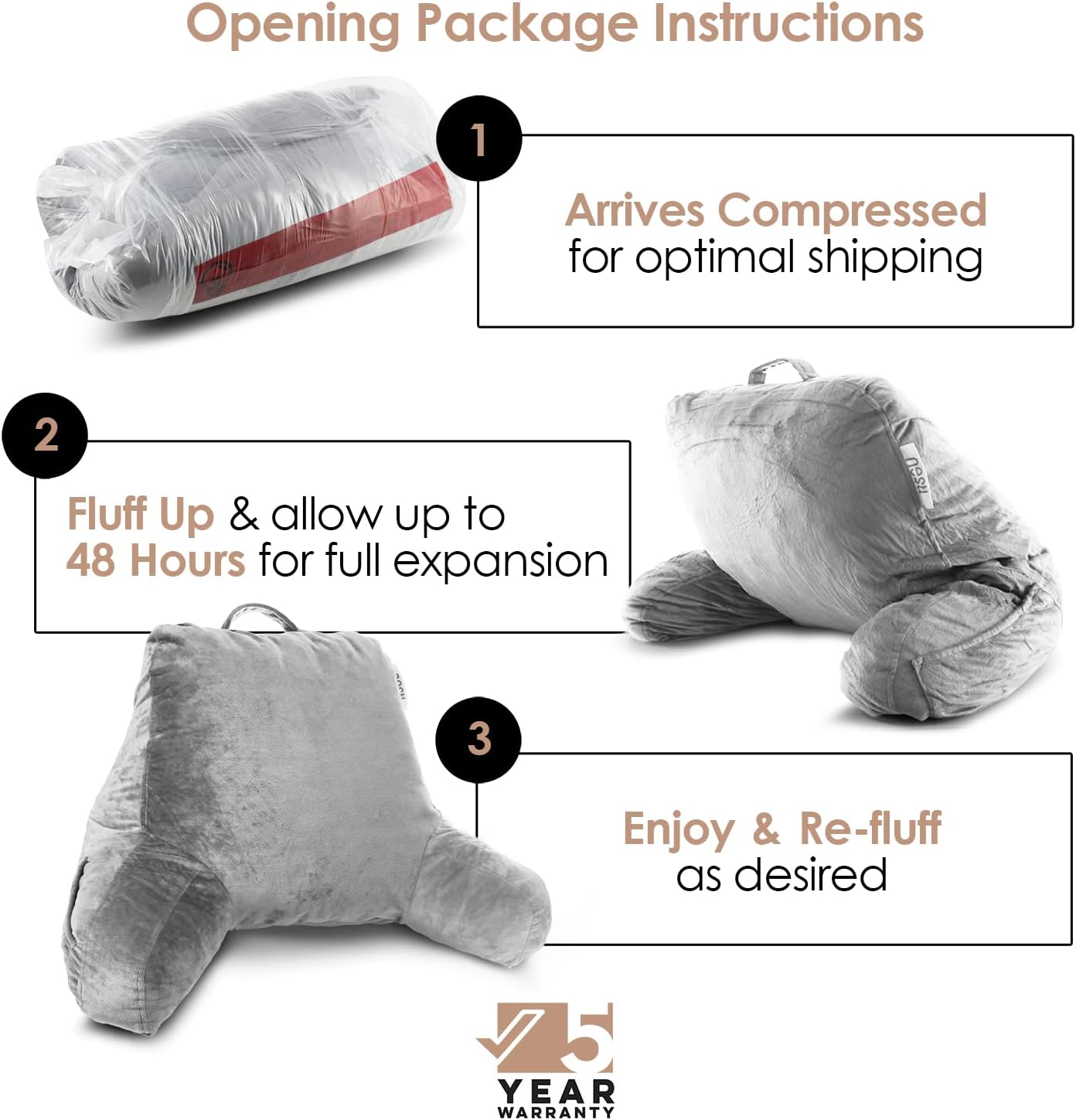 Nestl Reading Pillow with Shredded Memory Foam, Designed for Sitting Up in Bed and Couch, Back and Arms Adjustable Support for Adult & Teens Backrest Pillows for Reading with Washable Cover Light Grey