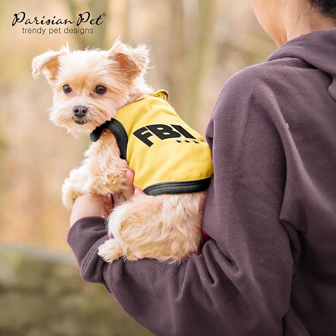 Parisian Pet Dog T-Shirt - Embroidered FBI Shirt - 100% Cotton, Breathable Dogs Clothes - Sleeveless Pet Vest - Machine Washable Yellow Shirts for Small Dogs - S