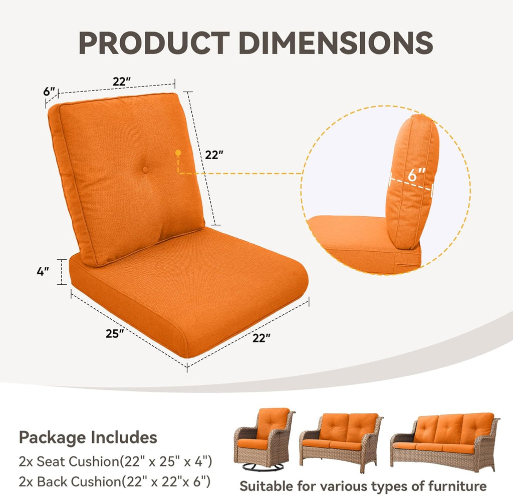 Patio Cushions for Outdoor Furniture - 22" x 25" x 4" UV Resistant Thick Foam Cushions Water Resistant Replacement Cushion for Outdoor Patio Furniture Chair/Sofa/Couch | Orange | 2-Pack |