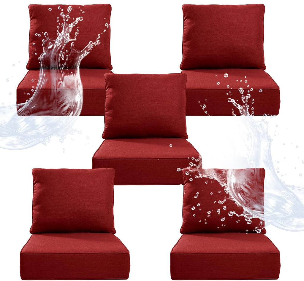 6" Thicker Outdoor Chair Cushion 5 Sets - 24" *24" *6" Waterproof Patio Furniture Cushions with Removable Cover, 28D High Density Sponge Filling Thicken Outdoor Patio Cushions - Red