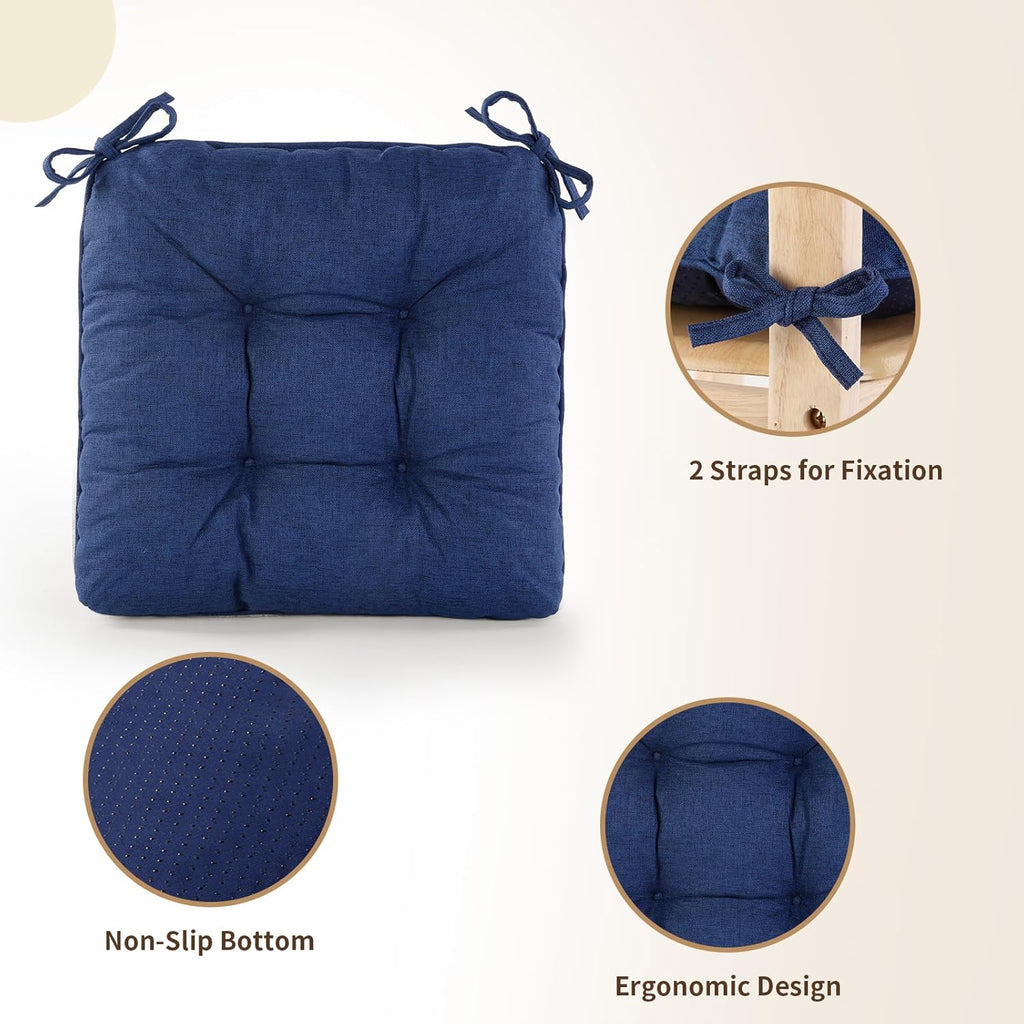 Chair Cushions for Dining Chairs, Tufted Foam Kitchen Chair, Non-Slip Seat Cushions with Ties Set of 4, 15.5" x 15.5" x 4", Dark Blue