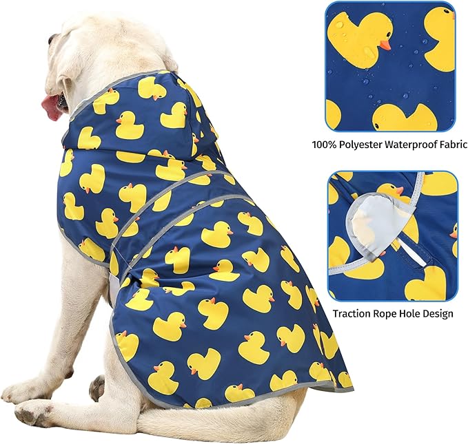 Dog Rain Coat for Large Dogs Waterproof Hooded Rain Jacket with Reflective Strips Leash Hole & Poncho Adjustable Fit (Duck,XXL)