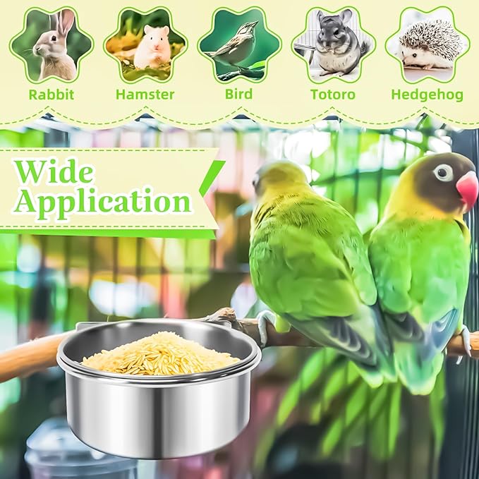 MotBach 2 Pack Bird Feeding Bowls Cups Parrot Food Water Dishes, Stainless Steel Bird Bowl Cup Dish with Clamp, Birdcage Feeder Pet Cage Bowls for Parrot Cockatiel Budgie Conure Parakeet Small Animal