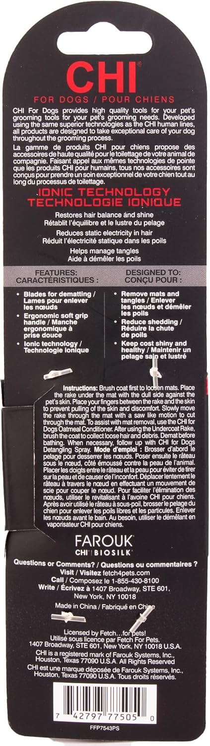 CHI for Dogs Dematting and Deshedding Undercoat Rake - Dog Grooming Tool for Long Hair - Safe Blade Design for Mats and Knots - Ideal for Thick Coats and Tangled Fur