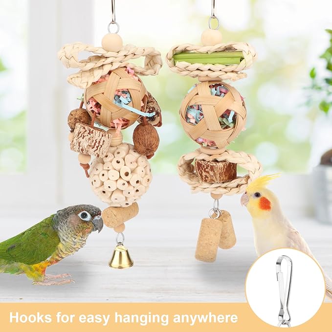 Wontee Bird Toys Colorful Shredding Crinkles Foraging Toys Natural Sola Ball Chew for Cockatiels Conures Parakeets Budgies Senegal (2 Pack)