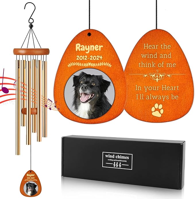 Personalized Dog Memorial Gifts for Loss of Dog - Custom Sympathy Wind Chime with Photo & Name, 26"/32"/36" Outdoor Bereavement Keepsake for Garden or Patio