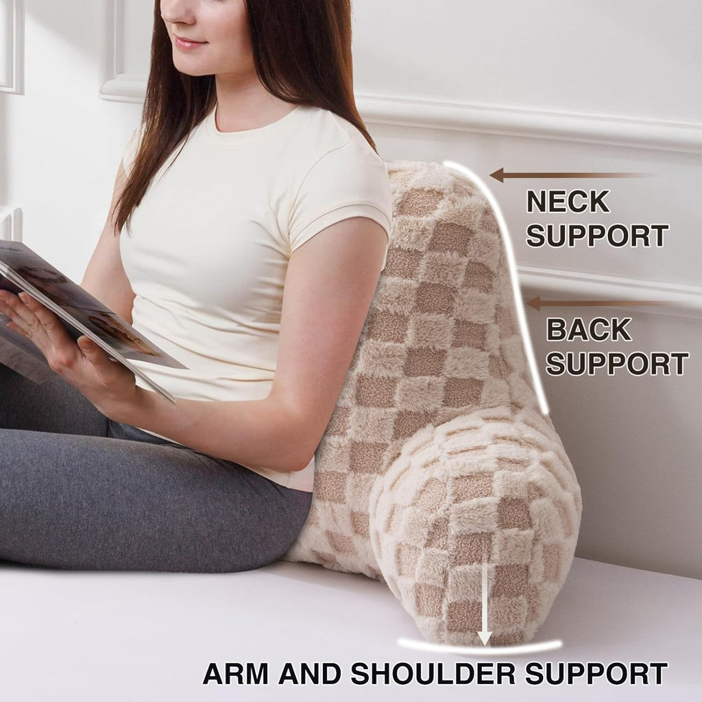 A Nice Night Faux Fur Reading Pillow,Checkered Fluffy Grid Plaid,Bed Wedge Pillow Large Adult Children Backrest with Arms for Bedrest,Beige
