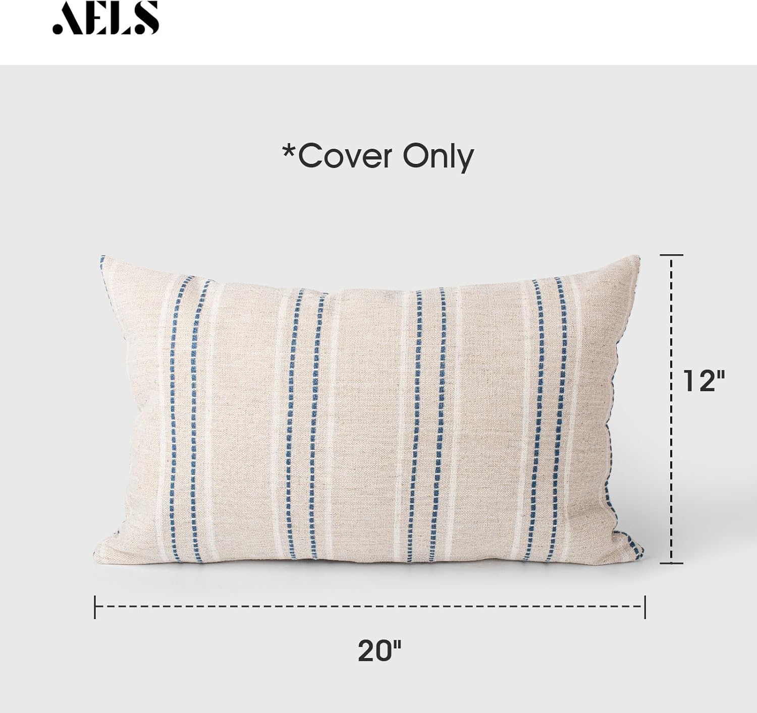 AELS 12x20 Decorative Farmhouse Linen Throw Pillow Covers, Boho Textured Pillow Case, Set of 2, Beige with White & Navy Blue Stitch Yarn Dyed Stripe Cushion Cover for Couch Living Room (Cover ONLY)