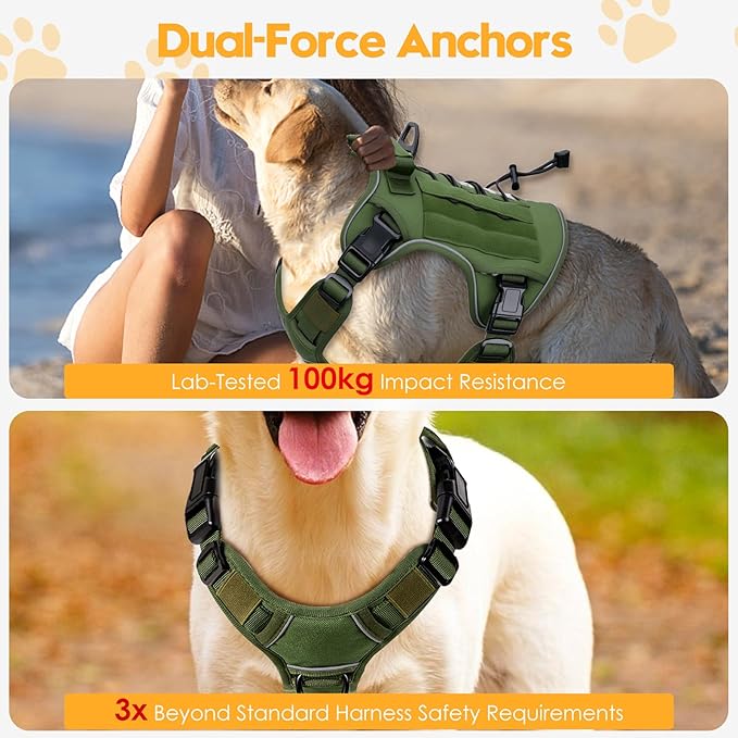 Heavy-Duty Tactical Dog Harness for Large Dogs, No Pull Adjustable Reflective Pet Vest with Molle System, K9 Military-Grade Control for Service Training, Outdoor & 10+ Breeds, Green, Large