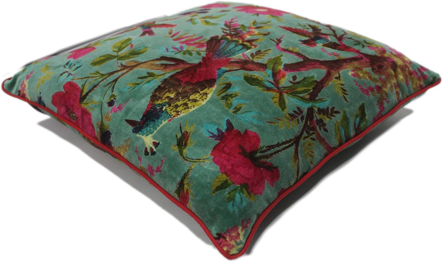 Eyes of India Velvet Floral Flower Bird Throw Pillow Sofa Cushion Cover Case Couch Colorful Boho Chic Bohemian Accent Indian Handmade (Green, 16" x 16")