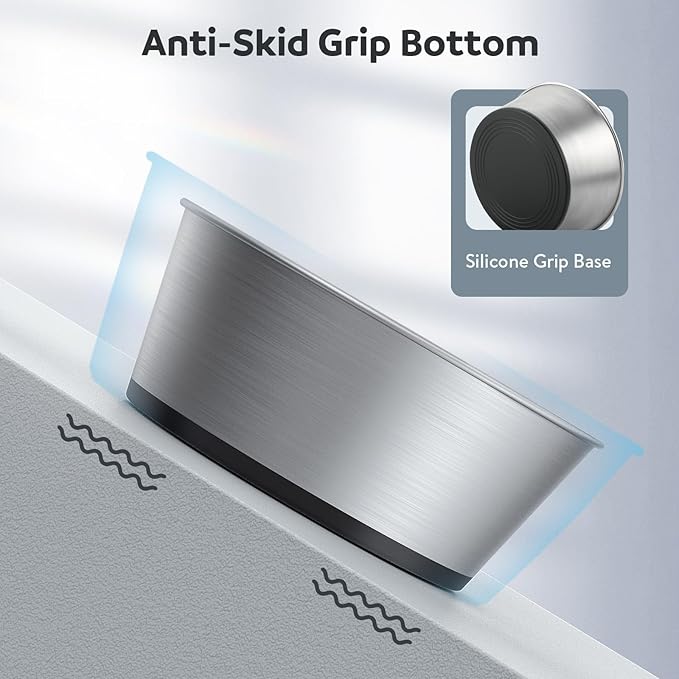 304 Stainless Steel Dog Bowls Set of 2, Anti Rust Metal & Non Slip Rubber Base, Heavy Duty Large Feeding Dishes, Food Grade BPA Free, Food and Water Bowl for Large Dogs (64oz, 8cup)