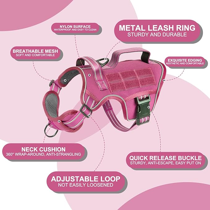 Small Dog Harness, Heavy Duty Tactical No Pull Dog Harness, No Choke, Easy On and Off Pet Vest with Molle System, Adjustable Reflective Dog Vest with Breathable Padded for Walking Hiking Training