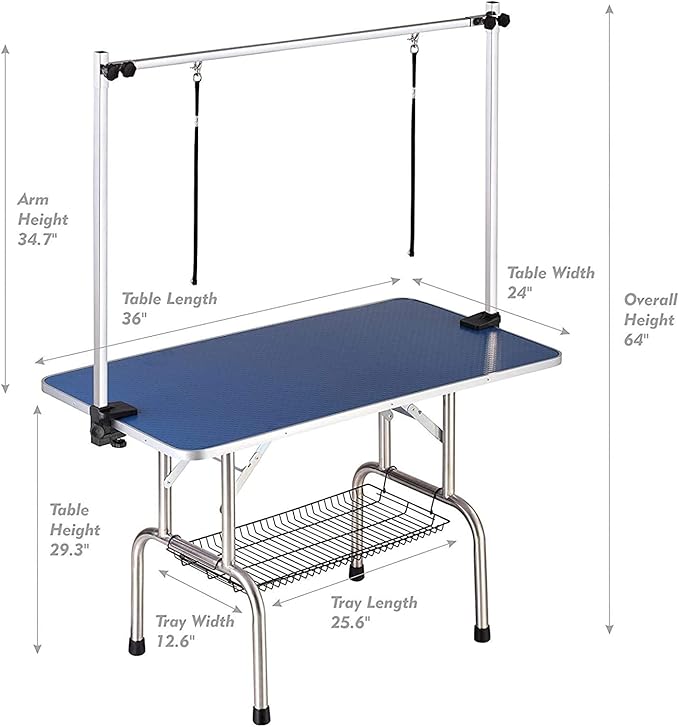 Large Dog Pet Grooming Table, Professional Adjustable Cat Drying Table, Foldable Trimming Station with Arms, Nooses, Mesh Tray, Maximum Capacity Up to 330lbs, 36''/Blue