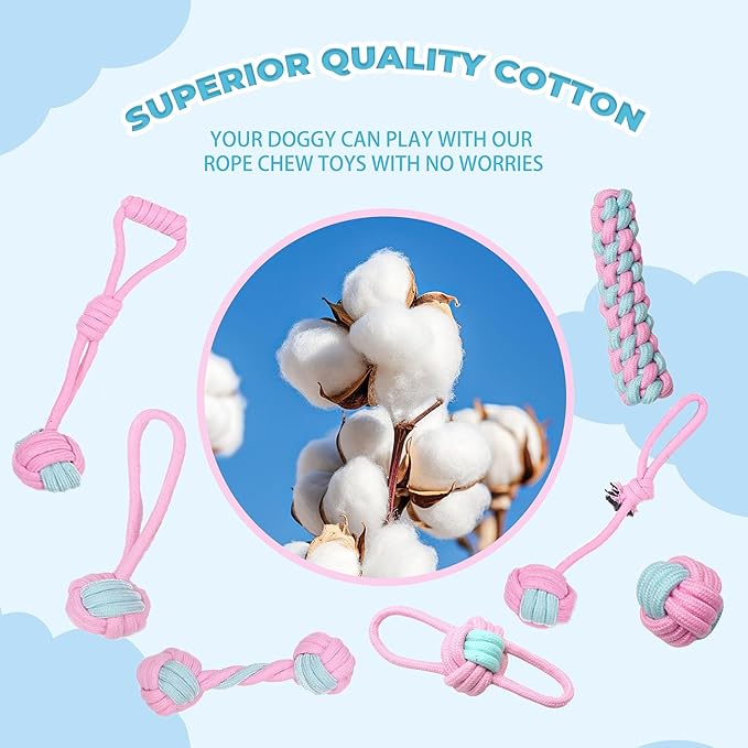 7 Pack Dog Rope Toys, Interactive Tough Chew Toys for Small and Medium Dogs, Clean Teeth and Relieve Boredom, Tug of War, Aggressive Chewers, Cotton Rope Knot Puppy Dental Toy, Pink
