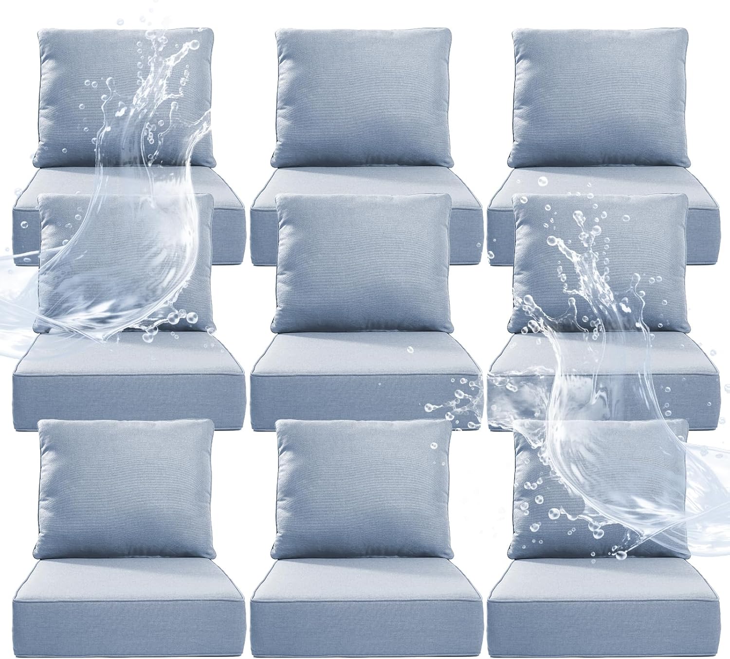 6" Thicker Outdoor Chair Cushion 9 Sets - 24" *24" *6" Waterproof Patio Furniture Cushions with Removable Cover, 28D High Density Sponge Filling Thicken Outdoor Patio Cushions - Baby Blue
