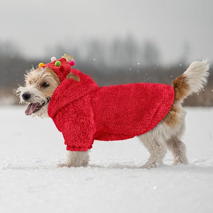 Fuzzy Dog Sweaters for Small Dogs Dog Hoodie Soft Double-Sided Plush Fleece Pet Sweater Clothes Pet Coats Hoodie Sherpa Hooded Sweatshirt(Red-S)