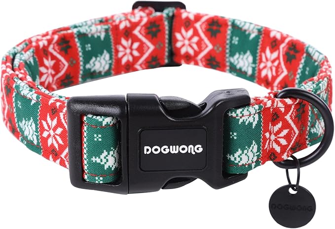 DOGWONG Christmas Cotton Dog Collar, Red Green Stripe Christmas Dog Collar Durable Soft Pet Collars Cute Red Necklace for Small Dogs