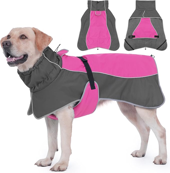 Dog Raincoat, Waterproof Dog Coat with Reflective Straps, Leash Hole & Polar Fleece Lining, Winter Snow Rain Coat for Small, Medium & Large Dogs, Warm, Windproof Vest Jackets