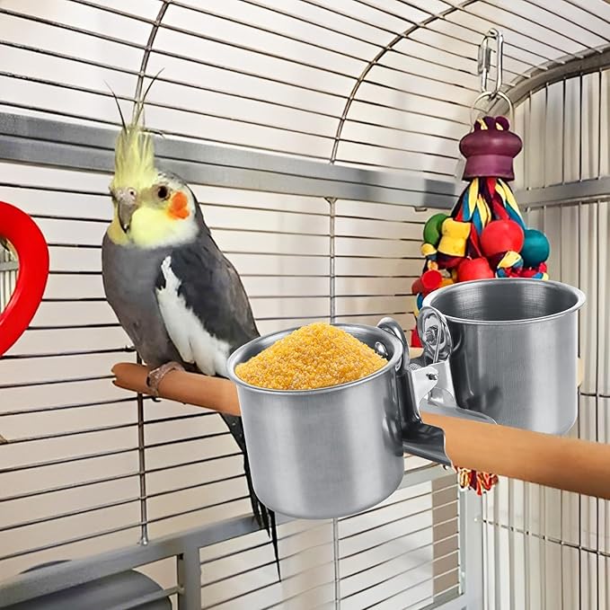 4 Pack Bird Feeding Dish Cups Stainless Steel Parrot Bird Feeder for Cage Parrot Feeders Water Cage Bowls with Clamp Holder for Cockatiel Parakeet Macaw Finches Small Animal
