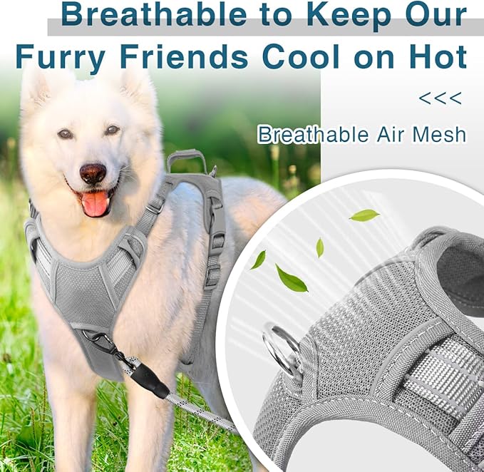 BARKBAY Dog Harness No Pull with ID Tag Pocket - Heavy Duty, Reflective, Easy Control for Large Dogs(Grey,XL)