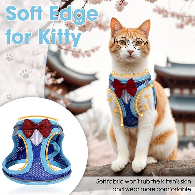 Cat Vest Harness and Leash Set for Walking, Escape Proof, Adjustable Kitten Harness Breathable Mesh with Reflective Strips, Detective Conan-Inspired Design with Glasses and Bow, Blue, L