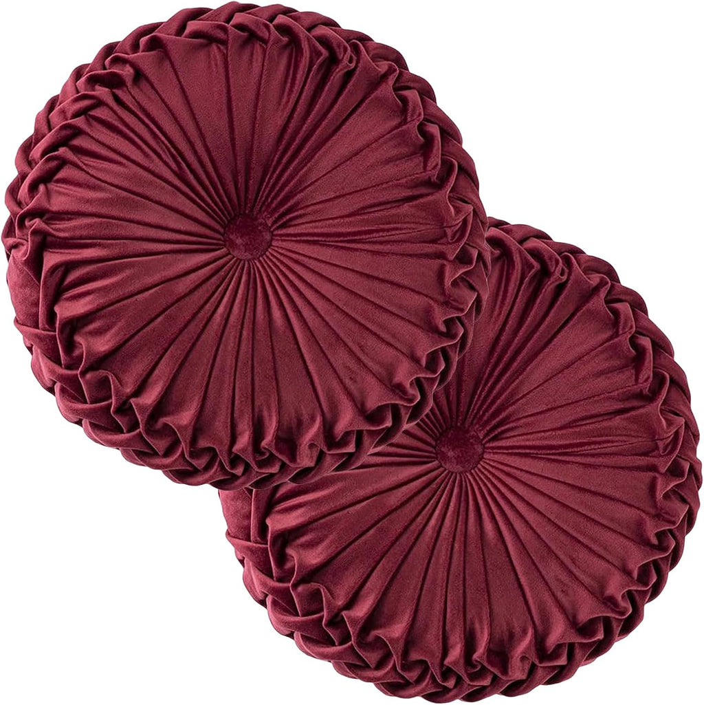 2 Pcs Round Throw Pillows Decorative Pumpkin Velvet Boho Pleated Bed Pillows Back Support for Couch Chair Dorm Car 14.96'' (Burgundy)