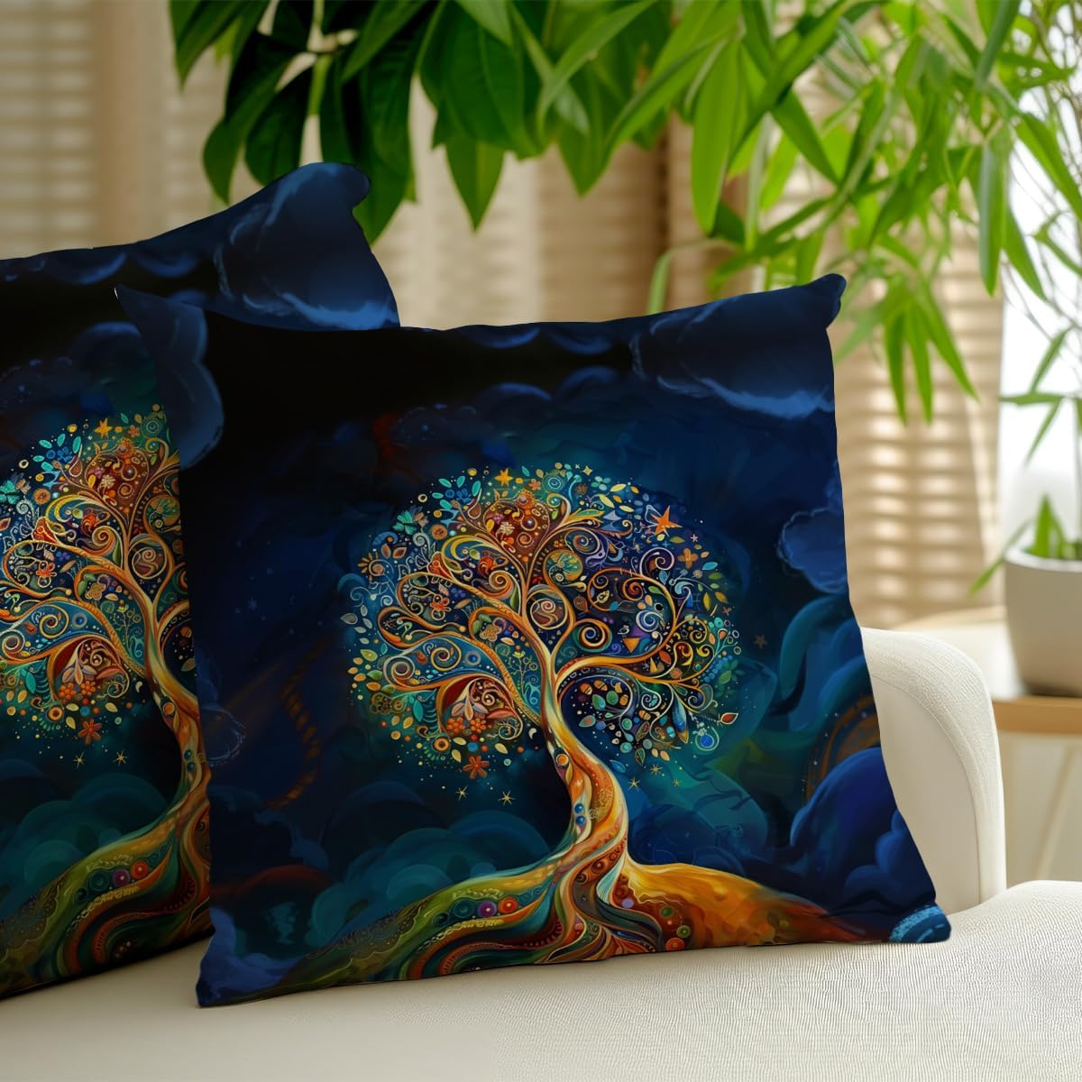 2 Pcs Watercolor Tree Throw Pillow Cover, Decorative Boho Pillow Covers for Couch, Light Tree Of Life Square Cushion Cases for Couch Sofa Bed Bedroom Apartment Dorm Living Room Office Home Decor