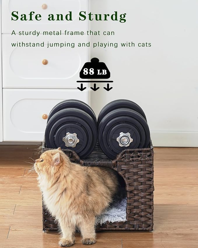 Cat Beds Indoor Kitten House, Handwoven Rattan Cat Cave Pet Cube, Large Cat Houses, One Bed Mat, Foldable, Hideaway, 16.5x16.5x13.2 Inches, 2 S-Shaped Hooks in Living Room Bedroom Brown