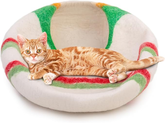 Woolygon Premium Felt Cat Cave Bed – Wool Kitty Beds Handcrafted Kitten Caves Bed for Indoor Cats - Made from 100% Eco-Friendly Merino Wool, Foldable Cat Hidewawy Covered Cat House Pod (Candy Swirl)