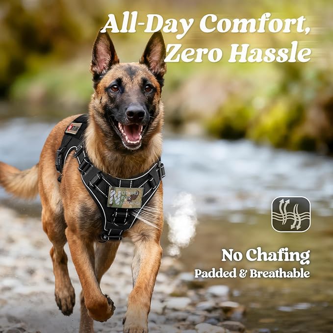 rabbitgoo Tactical Dog Harness for Large Dogs, No Pull Upgraded Reflective Heavy Duty Molle Vest with Handle, Adjustable Military Service Dog Vest for Walking Hiking Training, Black, L