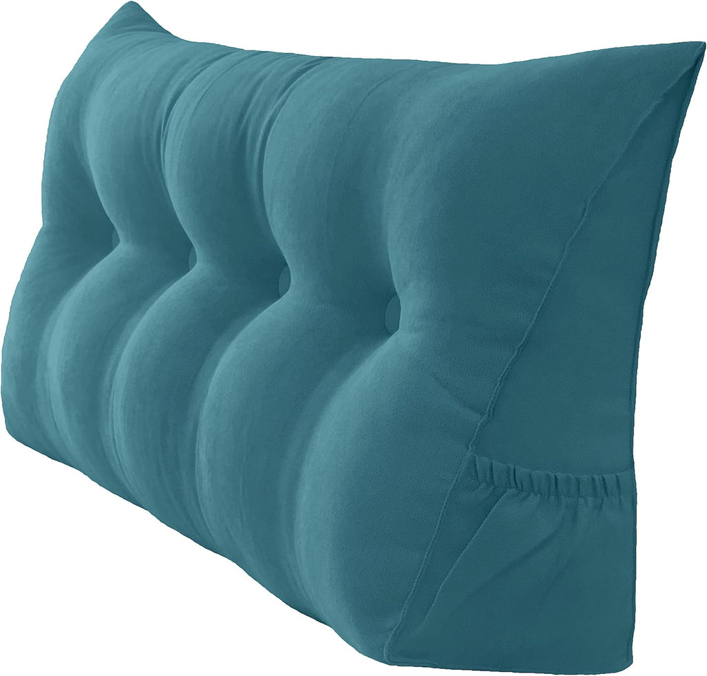 Triangular Reading Bed Rest Pillow Large Bolster Cushion Headboard Backrest Wedge Pillow with Removable Cover and Two Large Side Pockets (Teal Blue, 47 x 8 x 20 inches)