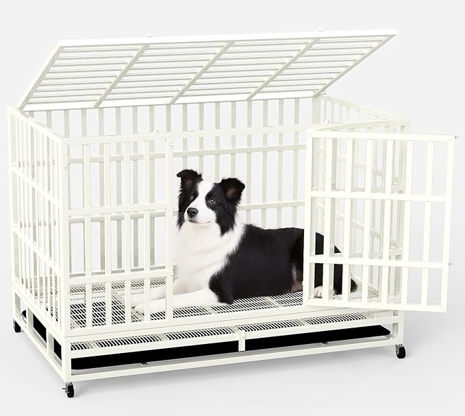 48 Inch Heavy Duty Dog Crate Steel Escape Proof, Indoor Double Door High Anxiety Cage Removable Tray, Extra Large,White