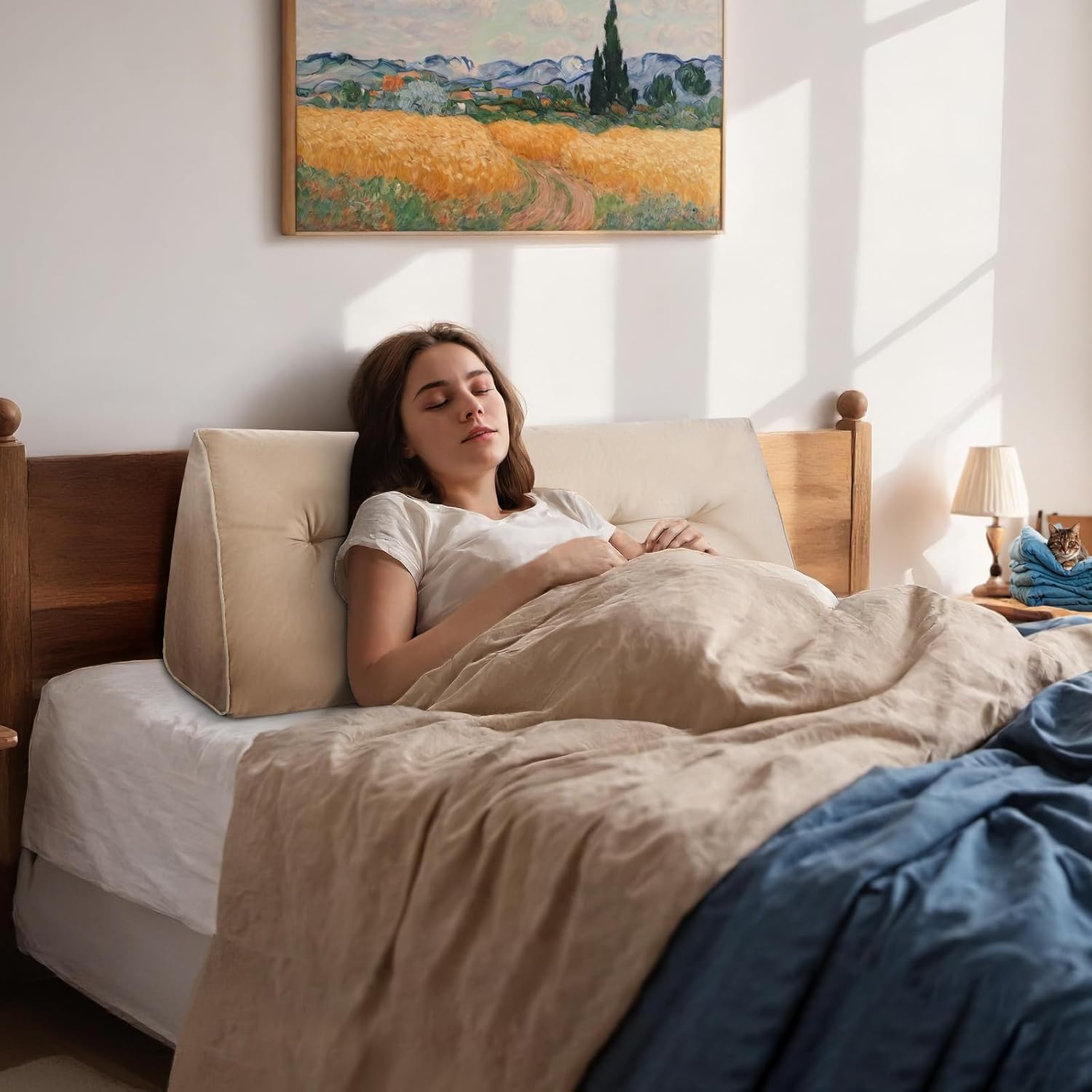 Headboard Wedge Pillows Full, Ergonomic Bed Triangular Headboard Pillow, Thickened Backrest Cushion for Reading in Dorm Bed Sofa, Beige, 54in