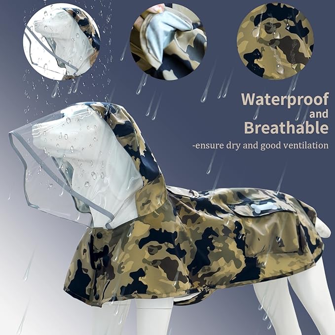 Waterproof Dog Raincoat, Adjustable Reflective Lightweight Pet Rain Clothes with Poncho Hood(Large,Camo)