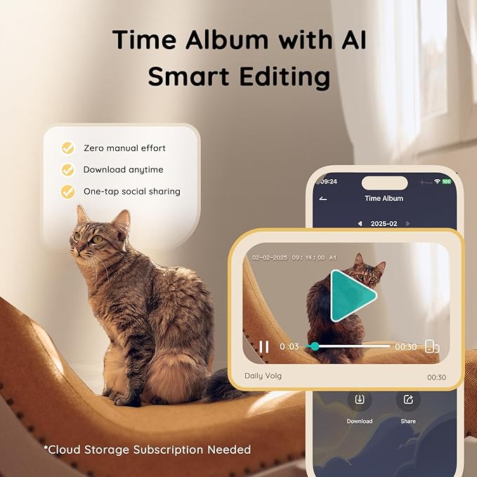 2K Pet Camera Treat Dispenser, AI Photo Album, Dog Camera with 360° Auto Tracking & 5G/2.4G WiFi, 2-Way Talk, Remote Treat Tossing, Motion Alerts for Cats Indoor