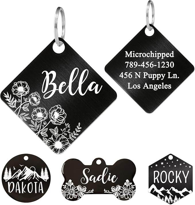 Ultra Joys Stainless Steel Pet ID Dog Name Tag - Personalized Front and Back Engraving, Customized for Dogs and Cats, Optional Both Sides Engraving, Diamond Flower Design, Black, Small